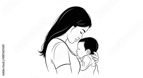 Mother holding her sleeping baby close in a tender embrace.
