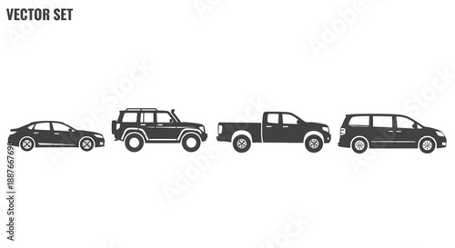 Set of Diverse Vehicle Silhouettes on White Background.