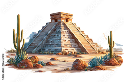 Majestatyczna piramida Majów El Castillo otoczona kaktusami na pustynnym tle, izolowany rysunek.