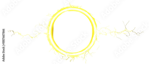 Żółty elektryczny pierścień energetyczny z wyładowaniami na przezroczystym tle, efekt mocy.