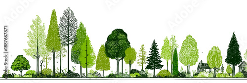 다양한 종류의 나무와 작은 집들이 어우러진 푸른 숲 풍경 일러스트