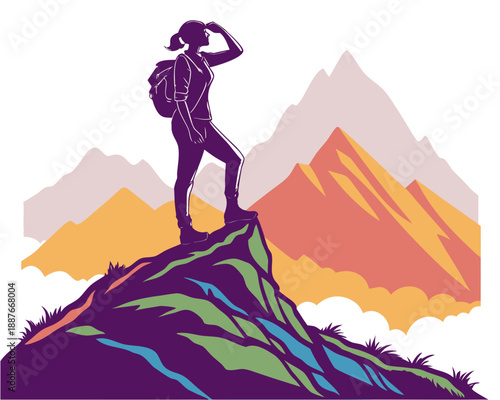 Female Hiker on Mountain Summit Silhouette, Adventure and Success Vector Design