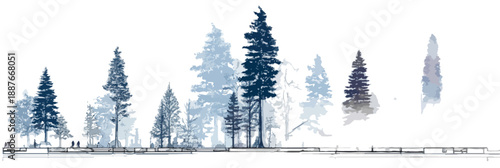 다양한 크기와 색상의 침엽수들이 겹쳐져 숲을 이루는 모습, 투명한 배경에 그려진 일러스트