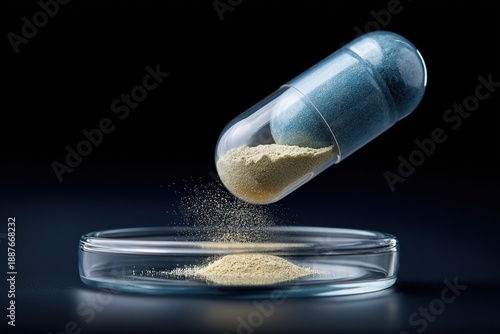 Close-up of a transparent capsule releasing light brown powder into a petri dish