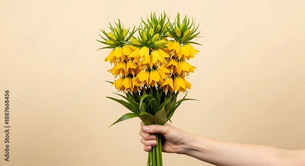 Fototapeta premium hand holding a bouquet of yellow crown imperial flowers