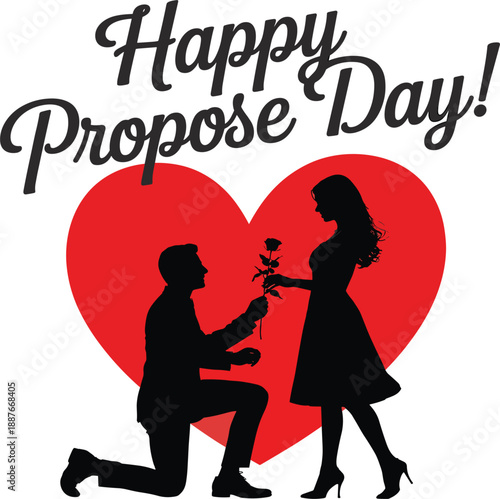 Romantic Happy Propose Day Greeting Vector with Silhouette Couple Holding Rose Against Big Red Heart