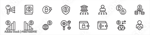 Crypto currency thin line icons. Block chain and bit coin icons. Contains icon symbol of bit coin, journal, public key, fuel, charge, wallet, farming, explorer, decentralized finance, trading bot.