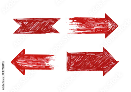 빨간색 화살표 아이콘 4종 세트, 투명한 배경 위에 거친 질감으로 그려진 디자인 요소