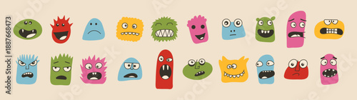 Set of cute cartoon face illustrations with funny expressions in retro 70s style. Hand drawn doodle characters and emoji icons for stickers, posters, social media, branding, and modern projects