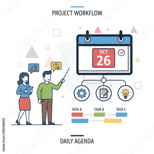 Project workflow and daily agenda illustration with team members and calendar