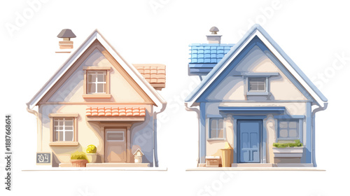 Dwa urocze, kreskówkowe domki jednorodzinne z przezroczystym tłem, ilustracja akwarelowa, architektura mieszkaniowa.
