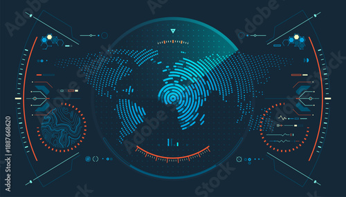 military radar technology, graphic of lined world map interface with futuristic element