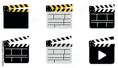 Video Clapperboard and Movie Production Icon Set featuring film slates, play buttons, and cinema symbols in a clean vector style