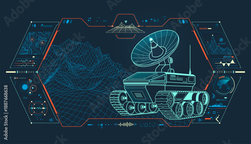 telecommunication technology or warfare tech, graphic of lined military satellite dish vehicle with topography and system interface