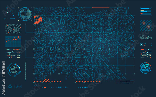 warfare tech or military technology, graphic of terrain map with topographic interface