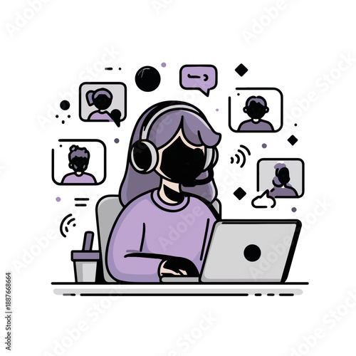 Kobieta z zestawem słuchawkowym pracuje na laptopie podczas wideokonferencji z wieloma uczestnikami.