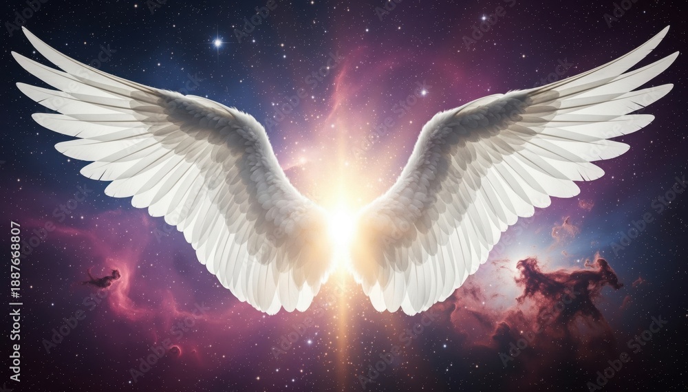 Fototapeta premium Celestial Wings: A breathtaking image features a pair of radiant angel wings set against a backdrop of swirling celestial nebulas and a burst of light