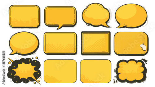 Zestaw dwunastu żółtych dymków komiksowych i ramek dialogowych z konturem na białym tle.