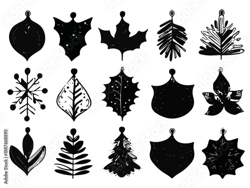 다양한 모양의 크리스마스 장식 오너먼트 흑백 일러스트, 투명한 배경에 분리된 디자인 요소