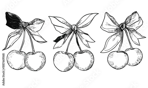 세 가지 다른 리본으로 장식된 체리 세트, 손으로 그린 수채화 스타일의 투명한 일러스트