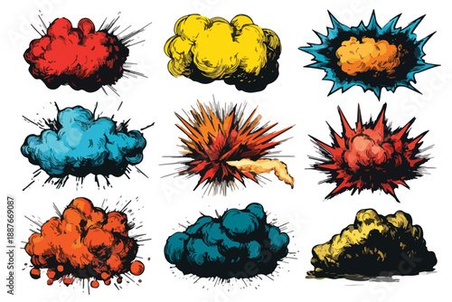 다채로운 색상의 폭발 구름 효과, 만화 스타일의 추상적인 디자인 요소, 투명한 배경에 배치된 효과