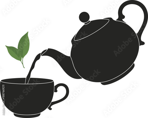 Silhouette of a classic teapot pouring tea into a cup with fresh green tea leaves.