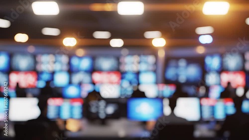 Blurry view of a busy newsroom with illuminated screens