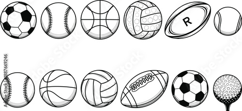 Sports ball outline illustration set with soccer baseball basketball rugby volleyball and golf equipment designs