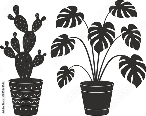 Black silhouette of a prickly pear cactus and monstera houseplant in decorative pots on white.