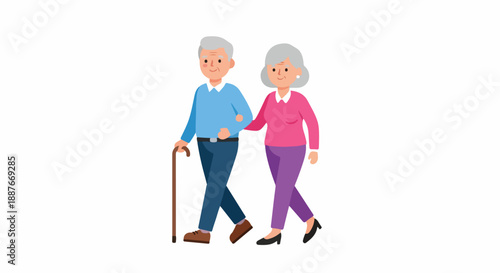 Elderly Couple Walking Together, Man with Cane, Vector Illustration