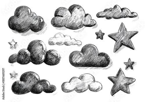 다양한 모양의 구름과 별들이 흑백 연필 스케치로 그려져 있어 투명한 배경에 배치되어 있습니다.