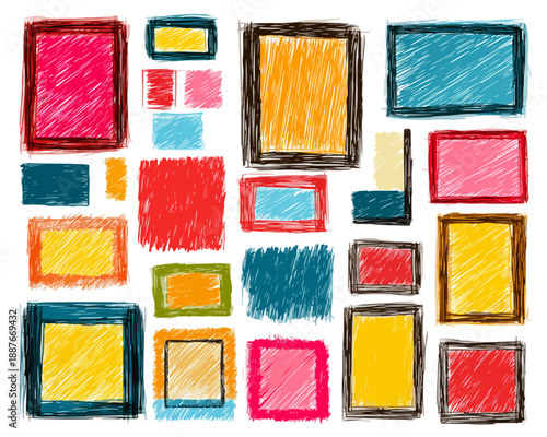 다채로운 색상의 어린이 그림 프레임 모음, 투명한 배경에 다양한 크기와 모양으로 배치된 손으로 그린 아트워크