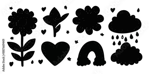 검은색 실루엣 아이콘 세트: 꽃, 하트, 구름, 무지개, 별, 비, 투명한 배경