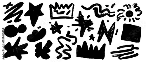 다양한 추상적이고 낙서 스타일의 검은색 요소들이 투명한 배경에 배치되어 있습니다.