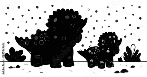 Czarno-biała ilustracja sylwetek dwóch triceratopsów, rodzica i dziecka, na przezroczystym tle.