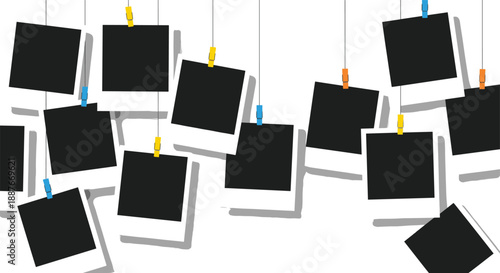 Hanging photo frames mockup illustration with blank polaroid cards clipped for memory collage gallery and scrapbook designs