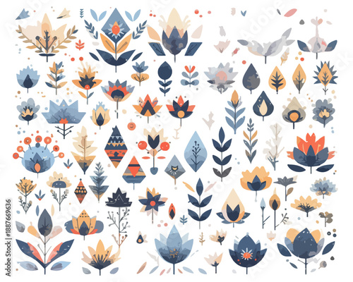 다양한 추상적이고 기하학적인 꽃과 식물 디자인 요소 세트, 투명한 흰색 배경에 분리됨