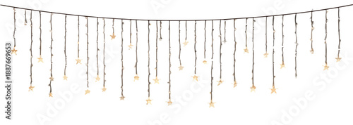 투명한 배경에 매달린 별 모양의 따뜻한 흰색 조명 스트링, 축제 장식용.