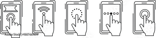 Smartphone touch gesture icon set showing tap swipe fingerprint unlock and wifi interaction for mobile interface designs