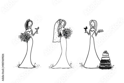 Ilustracja wektorowa ślubna z trzema pannami młodymi, bukietami, tortem i drinkami na białym tle.