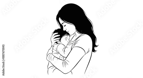 Mother holding her sleeping baby close in a tender embrace.