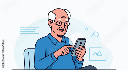Elderly Man Uses Smartphone Illustration