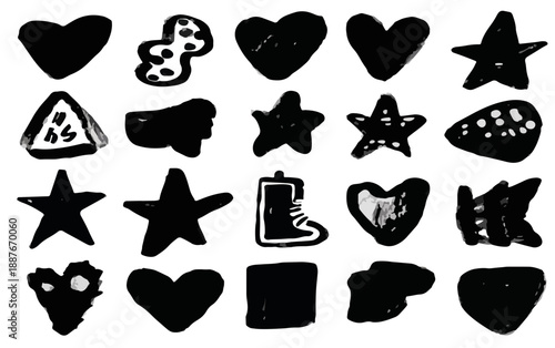 다양한 모양의 손으로 그린 검은색 아이콘 세트, 투명한 배경에 흰색 점이 있는 하트, 별, 삼각형, 물방울 모양