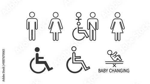 Collection of restroom and accessibility signs.