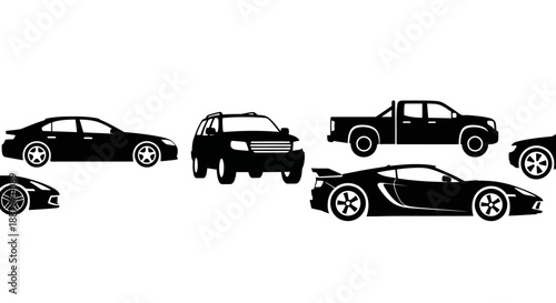 Collection of Black Car Silhouettes on White Background.