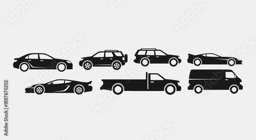 Collection of Diverse Vehicle Silhouettes for Transportation Concepts.