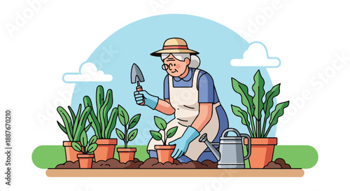 Elderly Woman Gardening, Planting Flowers and Plants in Pots