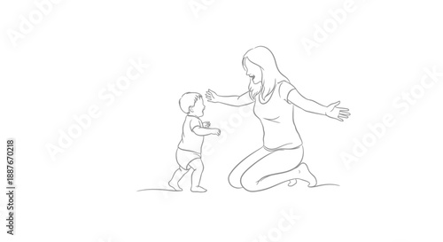 Mother and baby learning to walk line art.
