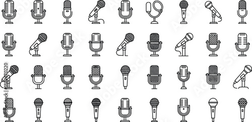 Microphone icon set with studio broadcast podcast and stage mic silhouettes for audio recording communication designs