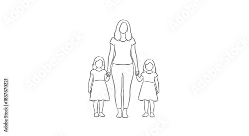 Mother holding hands with two daughters simple line drawing.